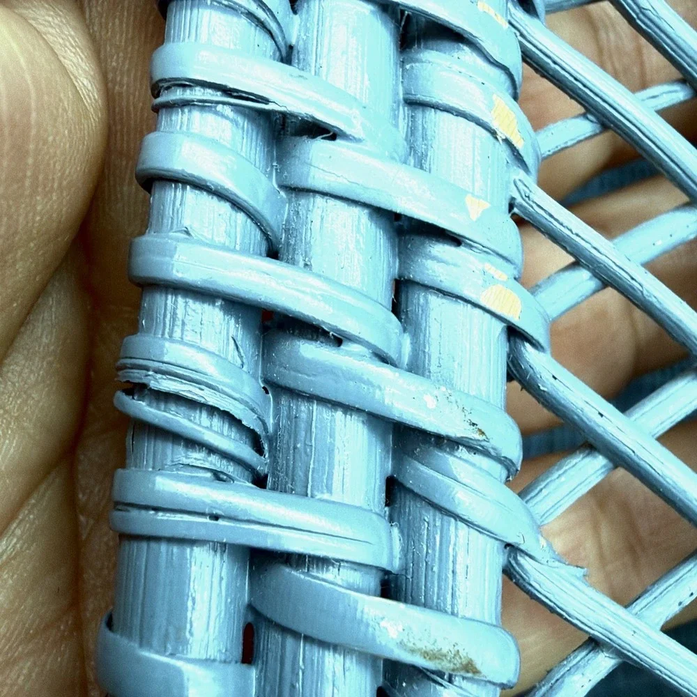 VTG Wicker Basket Light Blue Painted Braided Knot Openwork Lattice Decor